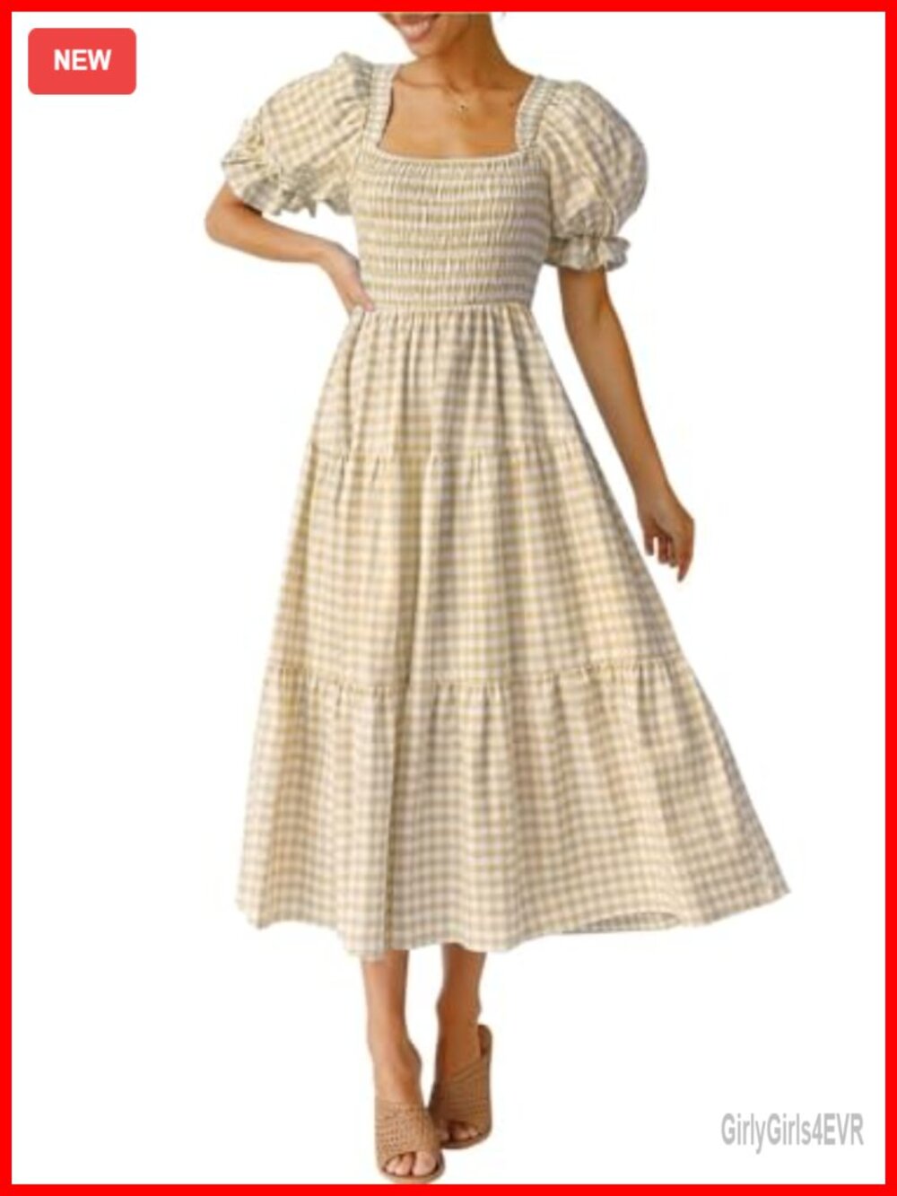 Women's Boho Gingham Puff Sleeve Square Neck Beach Midi Dress